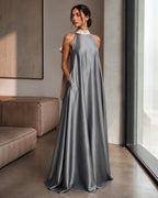 Charcoal High Neck Blush Bow Back Satin Formal Maxi Dress - Sable & Red