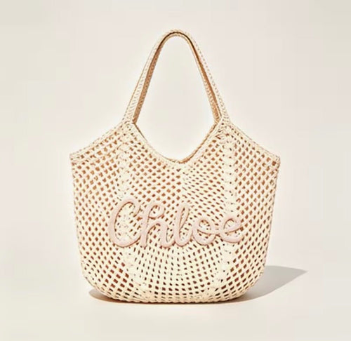 Chloe Crochet Woven Mesh Tote Bag Boho Beach Shoulder Bag - Sable & Red