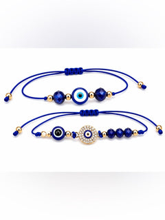 Cobalt Blue Evil Eye Adjustable Cord Bracelets Set Gold Tone Crystal Charm 2pcs - Sable & Red