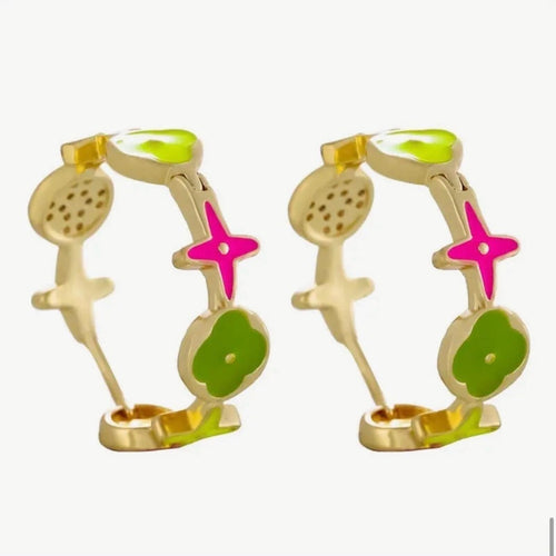 Color Blossom BB Star Hoop Earrings in Yellow Gold, Diamonds, and Colored Enamel - Sable & Red