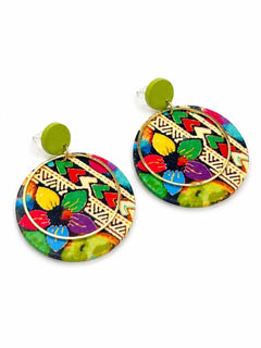 Colorful Boho Floral Disc Drop Earrings Gold Hoop Statement - Sable & Red