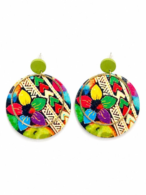 Colorful Boho Floral Disc Drop Earrings Gold Hoop Statement - Sable & Red