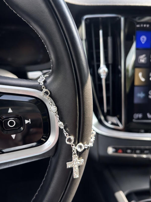 Crystal Beaded Steering Wheel Charm Cross Pendant Car Accessory - Sable & Red