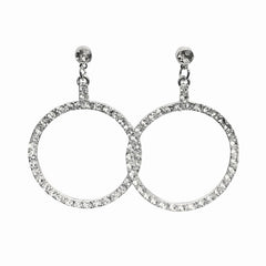 Crystal Pave Silver Hoop Drop Earrings 2” Dangle - Sable & Red