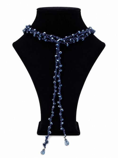 Dark Sapphire Blue Beaded Lariat Wrap Necklace 70” Luxe Statement - Sable & Red