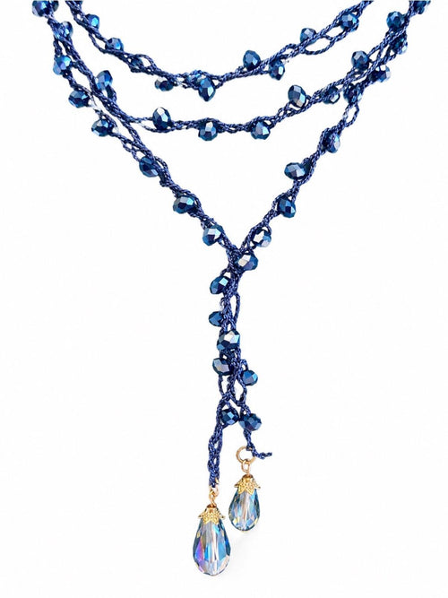 Dark Sapphire Blue Beaded Lariat Wrap Necklace 70” Luxe Statement - Sable & Red