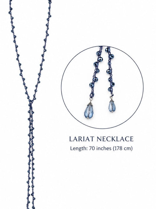 Dark Sapphire Blue Beaded Lariat Wrap Necklace 70” Luxe Statement - Sable & Red