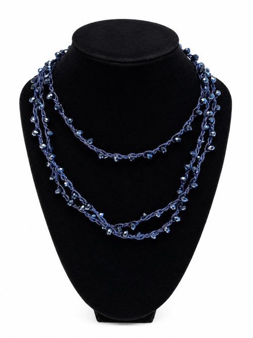 Dark Sapphire Blue Beaded Lariat Wrap Necklace 70” Luxe Statement - Sable & Red
