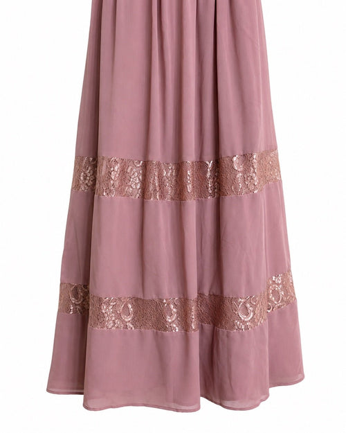 David's Bridal F19660M Rose Gold Metallic Lace Inset Chiffon Maxi Dress Size 0 - Sable & Red