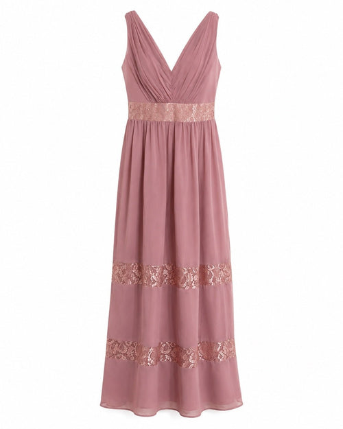 David's Bridal F19660M Rose Gold Metallic Lace Inset Chiffon Maxi Dress Size 0 - Sable & Red