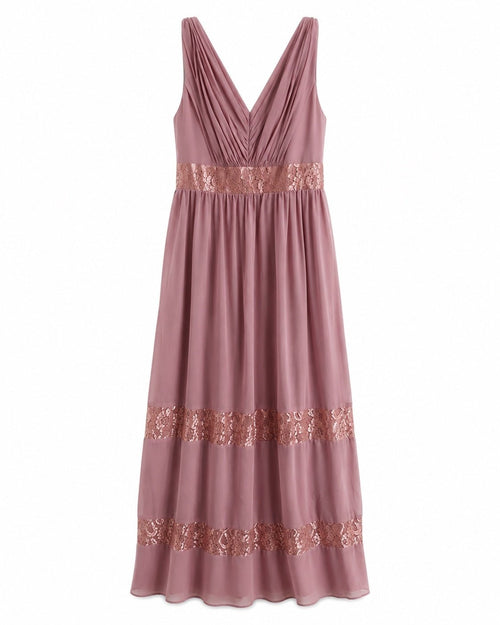 David's Bridal F19660M Rose Gold Metallic Lace Inset Chiffon Maxi Dress Size 0 - Sable & Red
