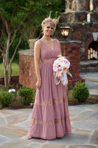 David's Bridal F19660M Rose Gold Metallic Lace Inset Chiffon Maxi Dress Size 0 - Sable & Red
