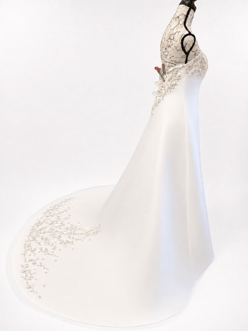 David’s Bridal Satin Organza A-Line Chapel Train Gown Size 12 V8820 - Sable & Red