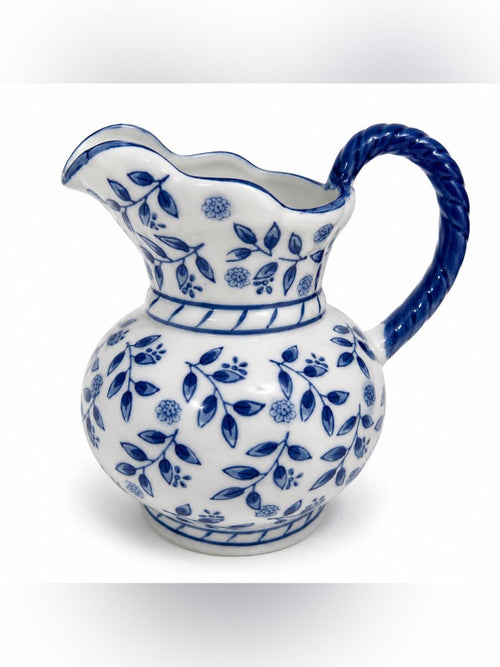 Blue & White Floral Ceramic Pitcher Vase 7.5”