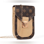 DESIGNER Chain Crossbody Bag Cell Phone Purse Shoulder Bag Daily Travel Leather - Sable & Red