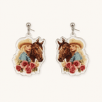Dolly Parton Cowgirl Horse and Flowers Floral Resin Glitter Drop Earrings - Sable & Red