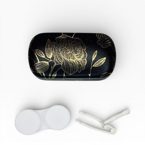 Dual Contact Lens and Eyeglasses Travel Case in Black and Gold Leaf Roses - Sable & Red
