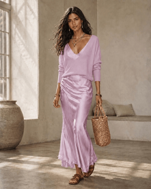 Dusty Orchid Pink Satiny Maxi Dress and Top Two-Piece Set - Sable & Red