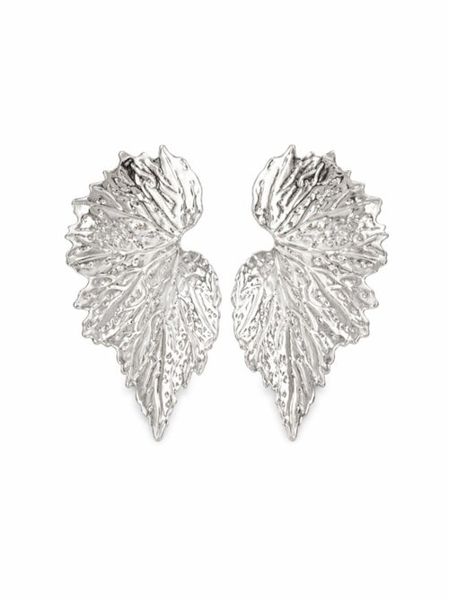 Silver Textured Leaf Statement Stud Earrings Botanical Vein Design