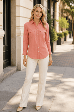 Express Women’s Coral Roll-Tab Button Down Shirt - Sable & Red