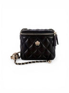 Black Leather Quilted Mini Vanity Crossbody Bag Gold Chain