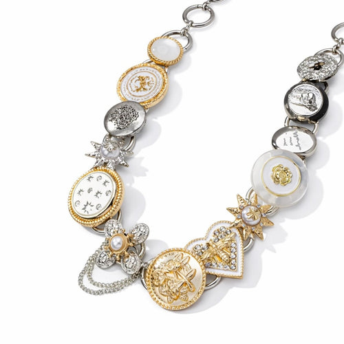Free People Clover Heart Flower Charm Necklace Mother of Pearl & Crystal Accents - Sable & Red