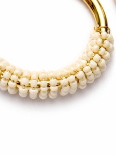 Gold Beaded Hoop Earrings Ivory Seed Bead Accent 2” Drop - Sable & Red