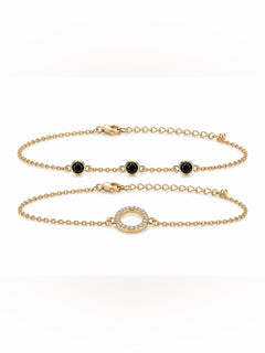Gold Black Onyx & Crystal Circle Bracelet Set Adjustable 6–9.5” 2pcs - Sable & Red