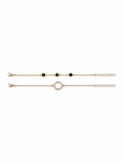 Gold Black Onyx & Crystal Circle Bracelet Set Adjustable 6–9.5” 2pcs - Sable & Red