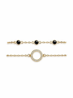 Gold Black Onyx & Crystal Circle Bracelet Set Adjustable 6–9.5” 2pcs - Sable & Red