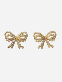 Gold Bow Stud Earrings CZ & Mini Pearl Accents 1" x 1" - Sable & Red