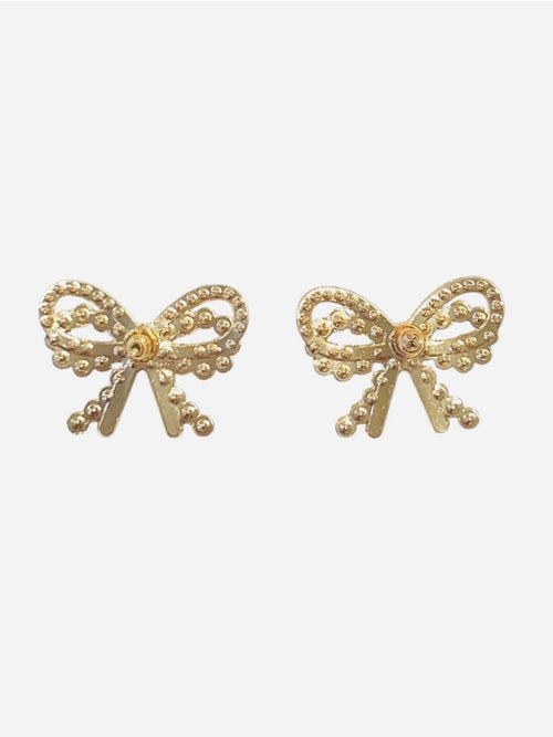 Gold Bow Stud Earrings CZ & Mini Pearl Accents 1" x 1" - Sable & Red