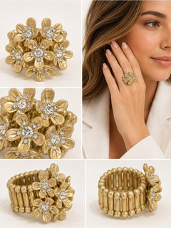 Gold Floral Crystal Cluster Stretch Ring - Sable & Red