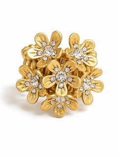Gold Floral Crystal Cluster Stretch Ring - Sable & Red
