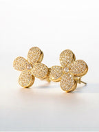 Gold Pave Crystal and Pearl Clover Stud Earrings Statement - Sable & Red