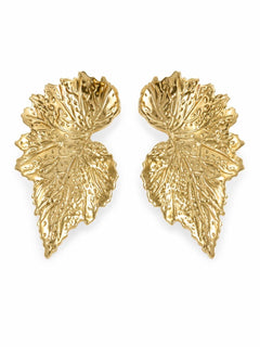 Gold Textured Leaf Statement Stud Earrings Botanical Vein Design - Sable & Red
