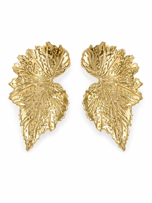Gold Textured Leaf Statement Stud Earrings Botanical Vein Design - Sable & Red