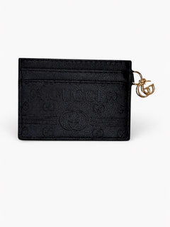 Gucci GG Debossed Leather Card Holder Wallet in Black Calfskin Leather - Sable & Red
