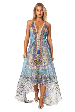Halter Neck Backless Resort Dress For Women - Sable & Red