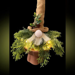 Handcrafted Whimsical Lighted Gnome with Greenery & Rustic Hat - Sable & Red