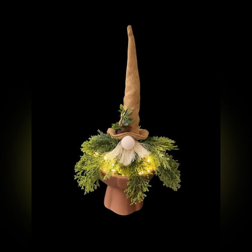 Handcrafted Whimsical Lighted Gnome with Greenery & Rustic Hat - Sable & Red