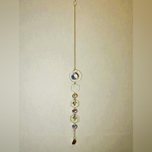 Hanging Gold Crystal Suncatcher Colorful Prism Pendant 17.5in - Sable & Red