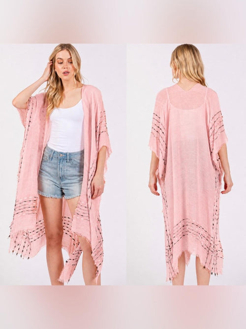 Light Pink Boho Fringe Stitch Design Open Duster Kimono Cover-Up Shawl - Sable & Red