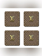 Louis Vuitton LV Logo Brown Gold Fashion Coaster Set - Set of 4 Glossy Coasters - Sable & Red