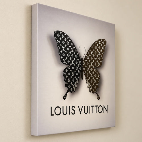 LV Monogram Butterfly Canvas Wall Art 18x18 Luxury Decor - Sable & Red