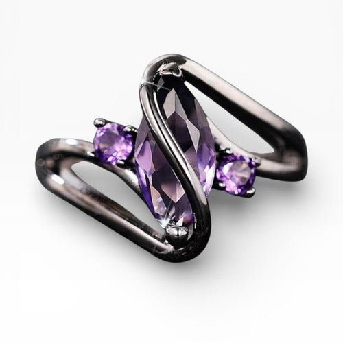 Marquise Cut Amethyst Gemstone Crystal Ring in Black Gold - Sable & Red