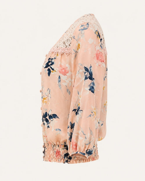 MINE Blush Floral Lace Yoke Smocked Hem Blouse - Sable & Red