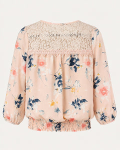 MINE Blush Floral Lace Yoke Smocked Hem Blouse - Sable & Red
