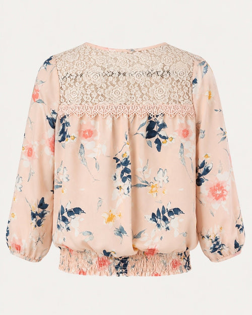 MINE Blush Floral Lace Yoke Smocked Hem Blouse - Sable & Red