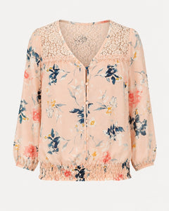 MINE Blush Floral Lace Yoke Smocked Hem Blouse - Sable & Red